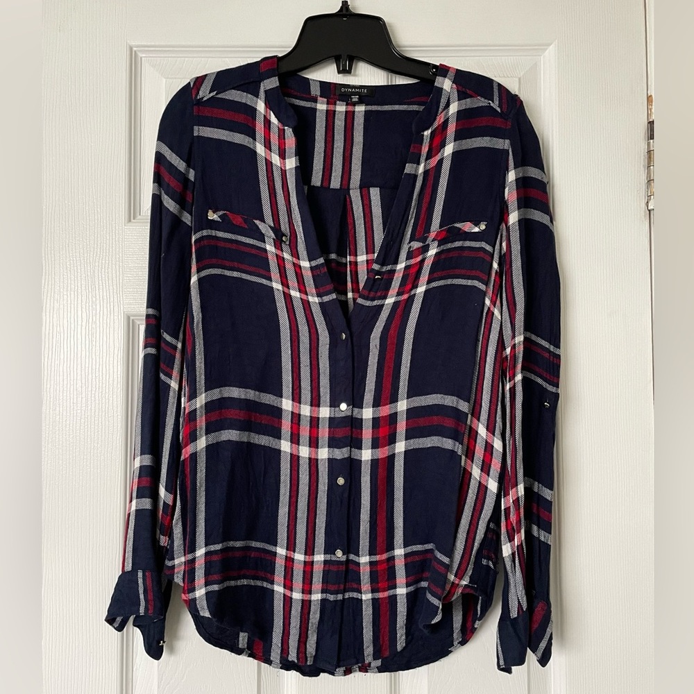 Dynamite Navy, Red and White Plaid Blouse